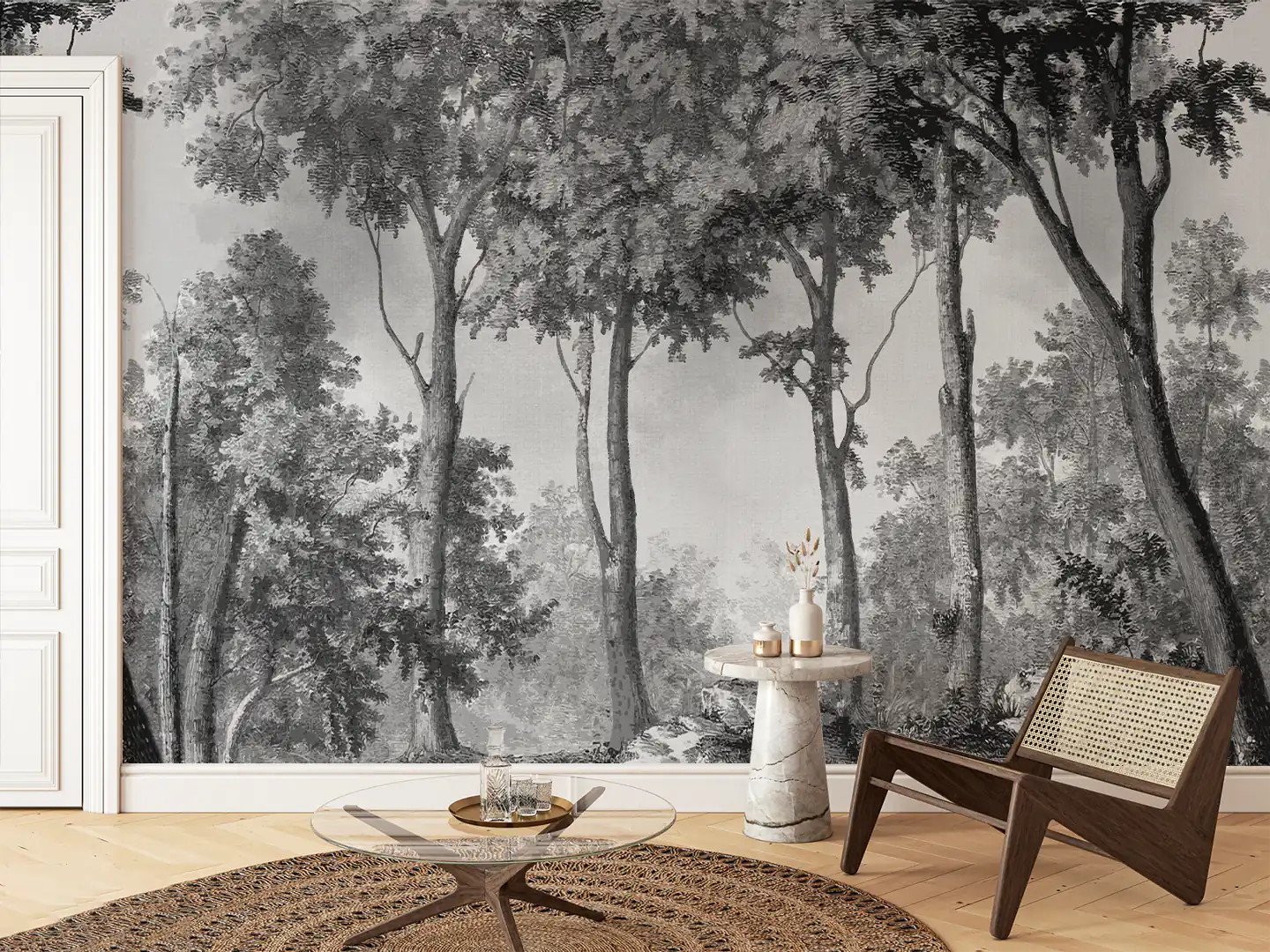 Forest Wallcovering Panorama Blanco y negro