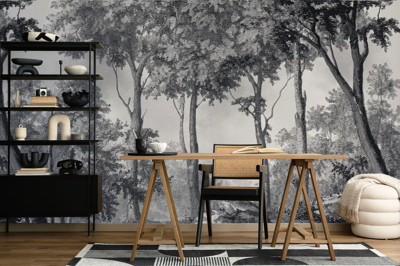 Forest Wallcovering Panorama Blanco y negro